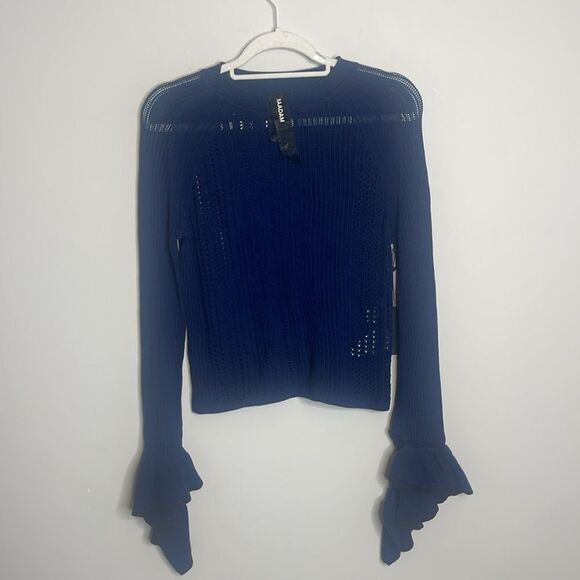 NAADAM NAVY FLUTTER SLEEVE LOOSE KNIT COTTON SWEATER SMALL NWT - Picture 1 of 14